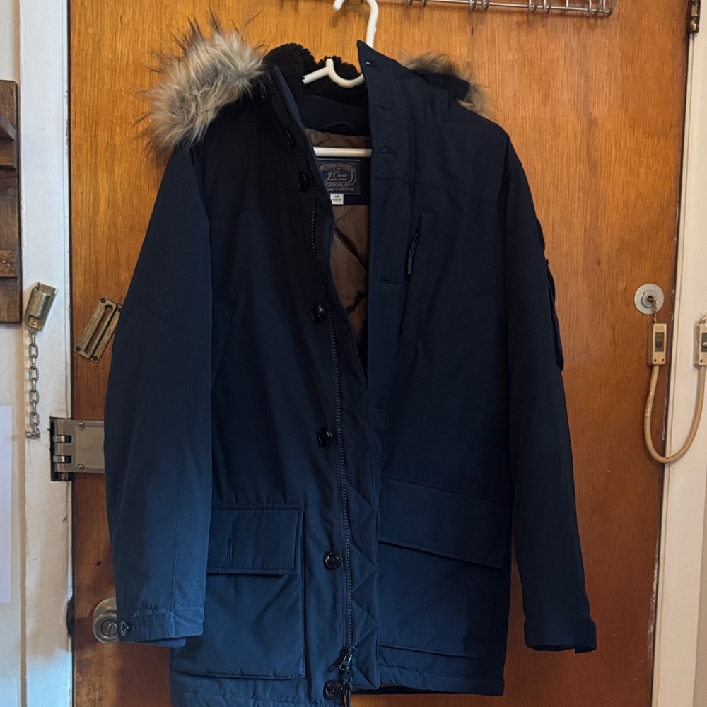 J. Crew Men's Dark Blue Puffer Coat with Faux Fur Hood